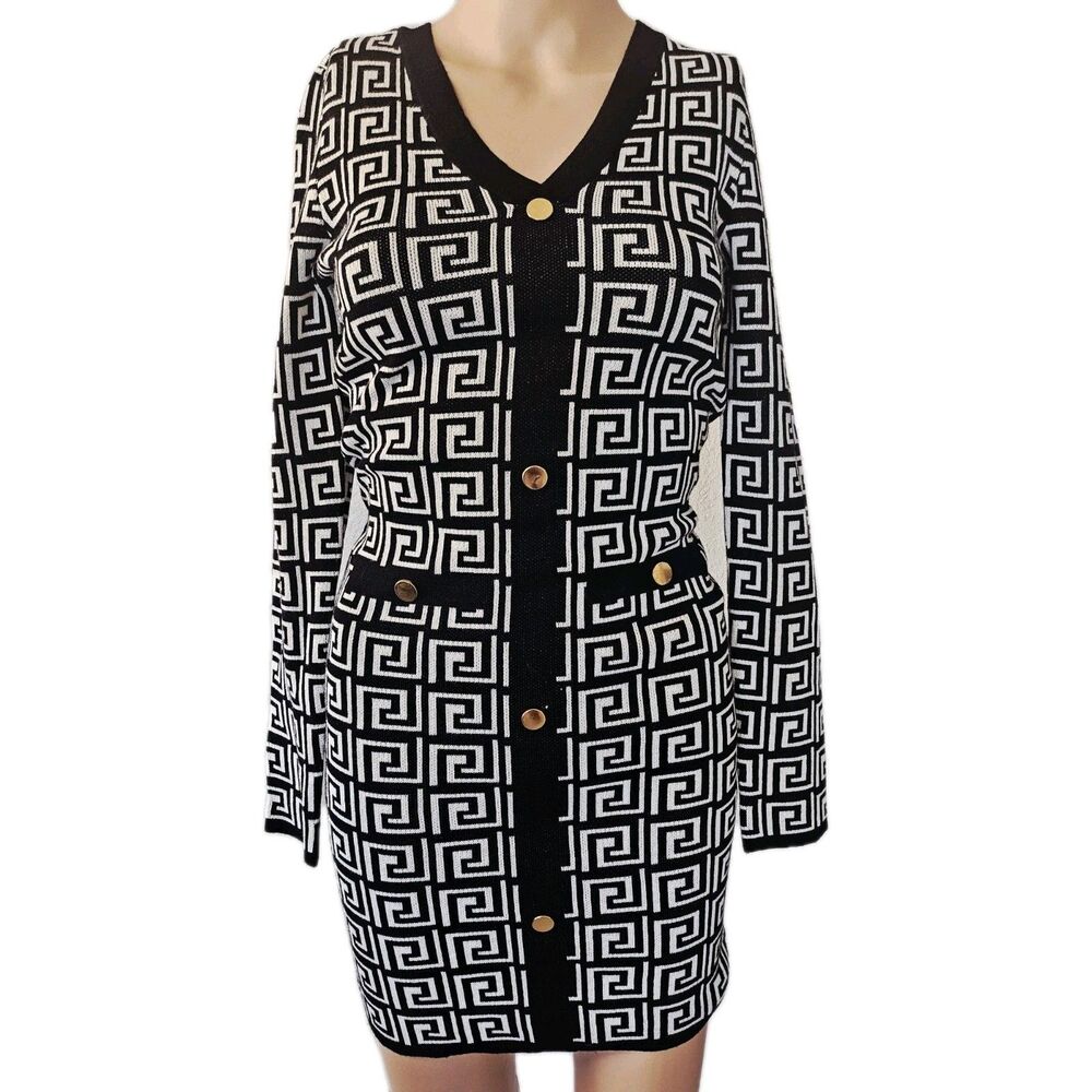 Jolie & Joy Geometric Sweater Dress Black White Long Sleeve Mini Sz M